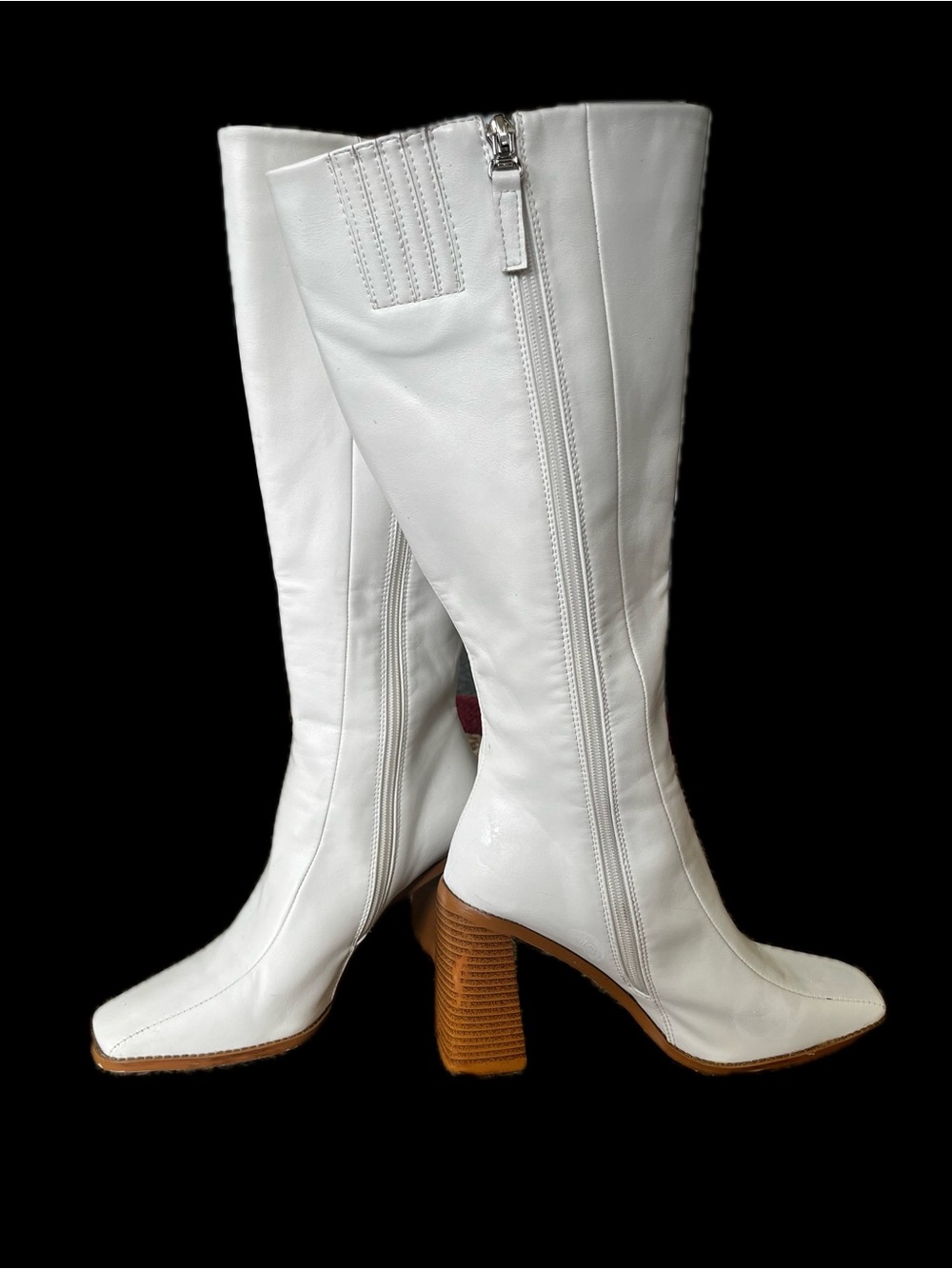 Princess Polly White Leather Knee-High Boots with Chunky Tan Heel